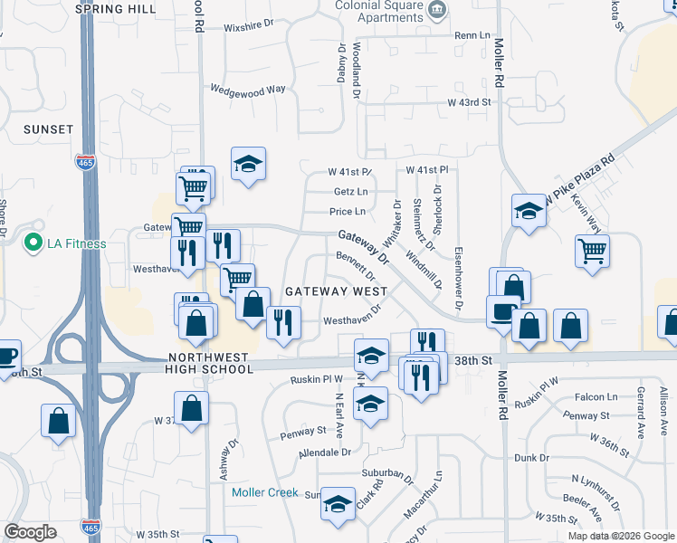 map of restaurants, bars, coffee shops, grocery stores, and more near 3968 Diamond Lane in Indianapolis