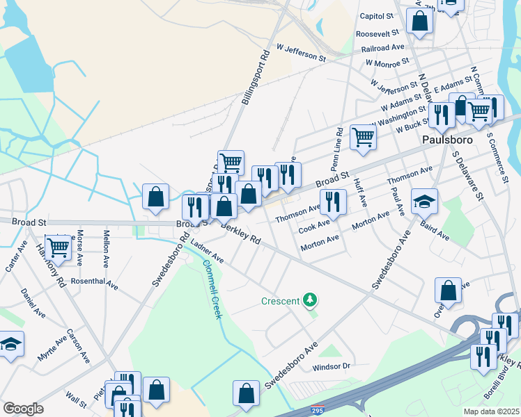 map of restaurants, bars, coffee shops, grocery stores, and more near 600 West Broad Street in Paulsboro