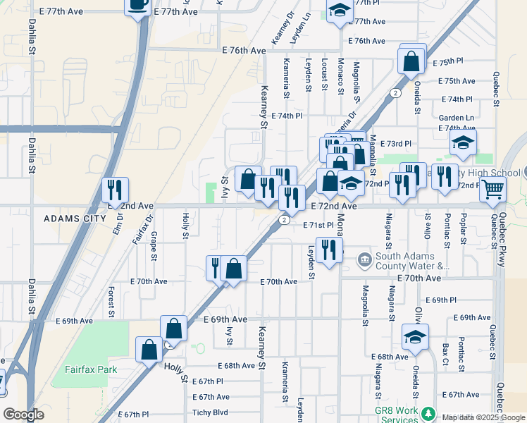 map of restaurants, bars, coffee shops, grocery stores, and more near 6100 East 72nd Avenue in Commerce City