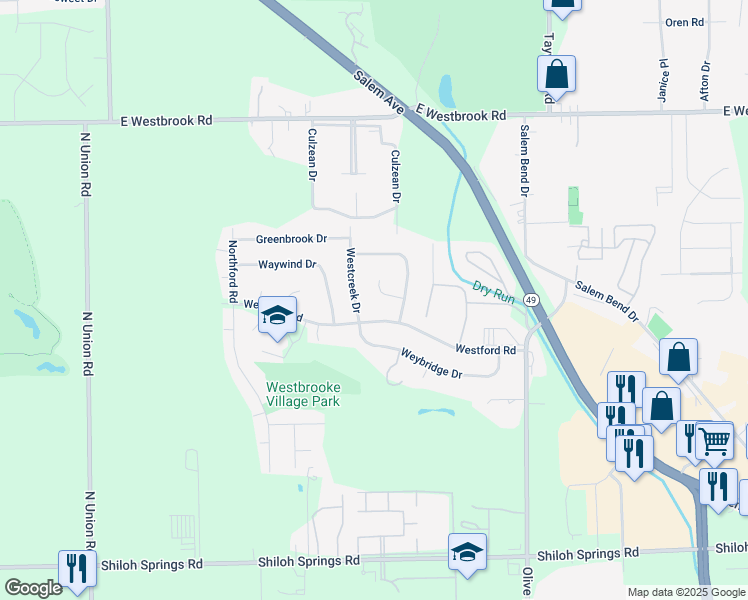 map of restaurants, bars, coffee shops, grocery stores, and more near 5600 Westcreek Drive in Dayton
