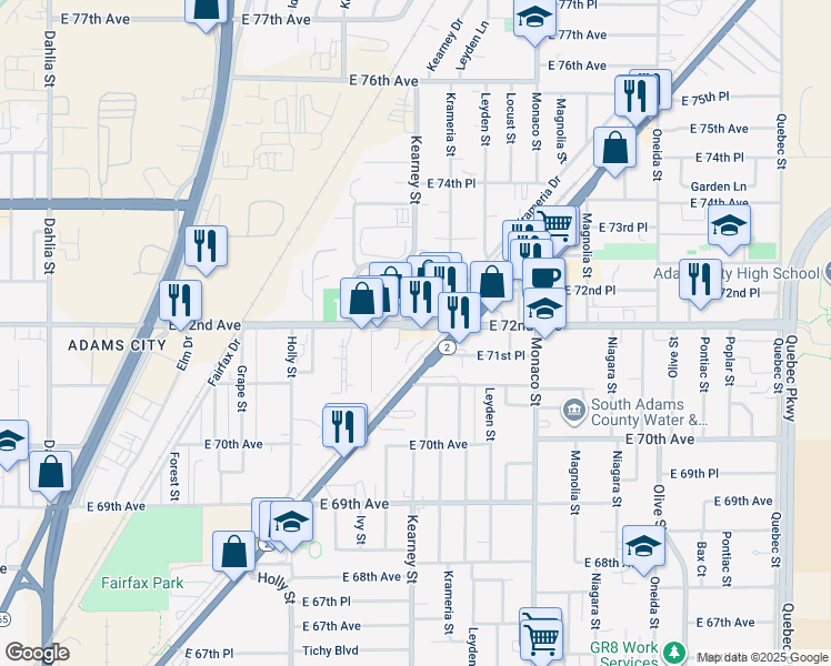 map of restaurants, bars, coffee shops, grocery stores, and more near 6100 East 72nd Avenue in Commerce City