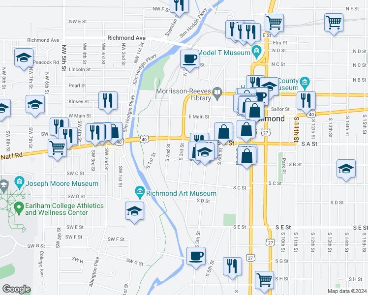 map of restaurants, bars, coffee shops, grocery stores, and more near 119 South 3rd Street in Richmond
