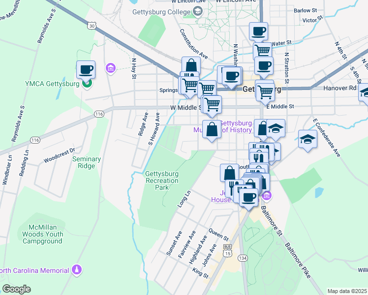map of restaurants, bars, coffee shops, grocery stores, and more near 413 West Street in Gettysburg