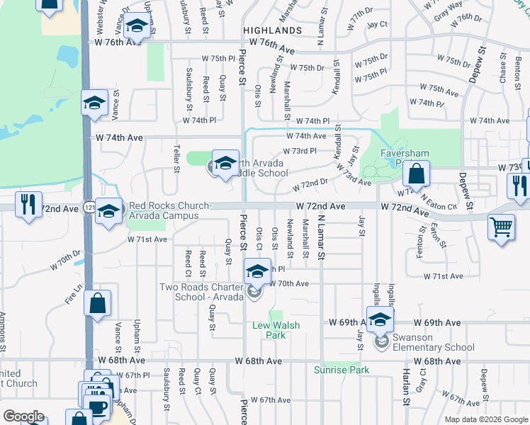 map of restaurants, bars, coffee shops, grocery stores, and more near 7127 Otis Street in Arvada