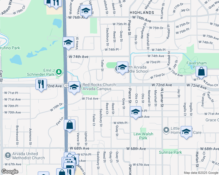 map of restaurants, bars, coffee shops, grocery stores, and more near 7034 West 71st Place in Arvada