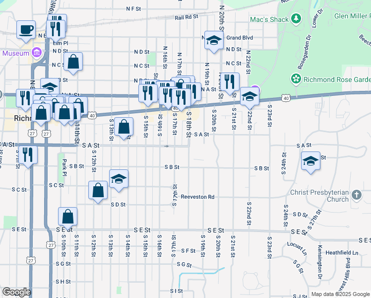 map of restaurants, bars, coffee shops, grocery stores, and more near 121 South 17th Street in Richmond