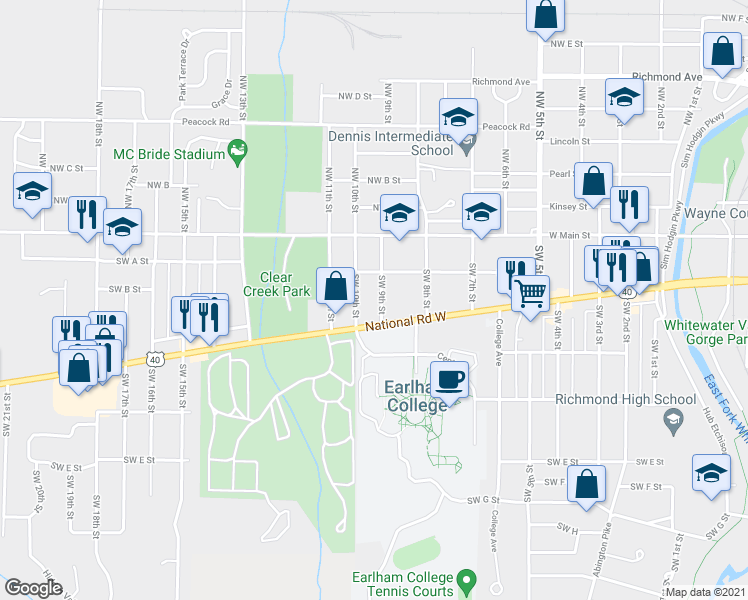 map of restaurants, bars, coffee shops, grocery stores, and more near 900 National Road West in Richmond