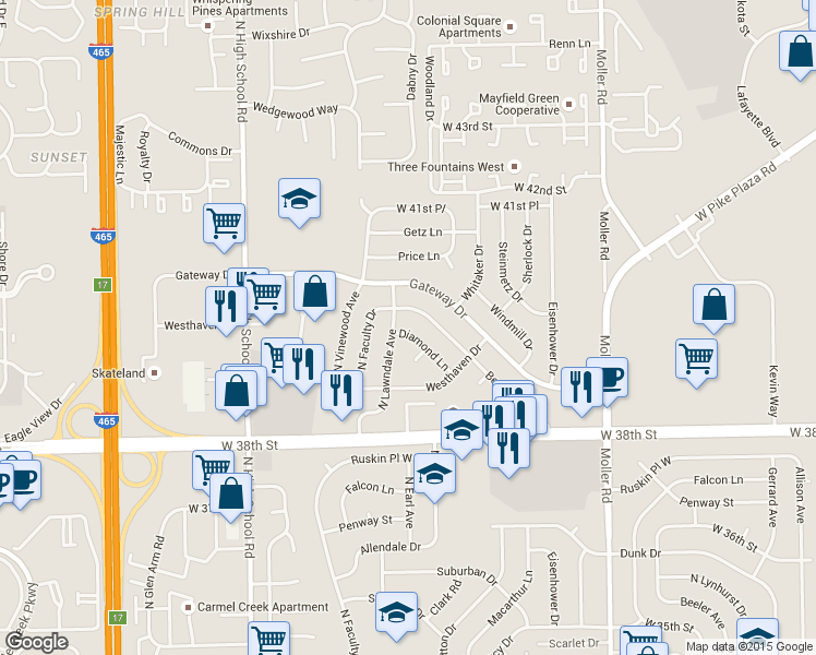 map of restaurants, bars, coffee shops, grocery stores, and more near 3968 Diamond Lane in Indianapolis