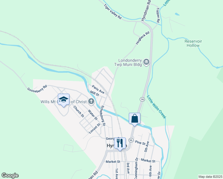 map of restaurants, bars, coffee shops, grocery stores, and more near 104-102 Bernards Lane in Hyndman