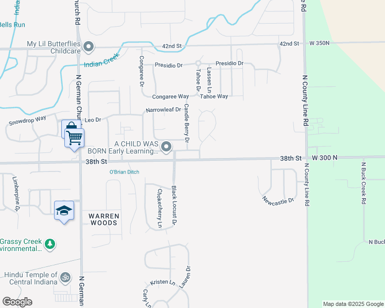 map of restaurants, bars, coffee shops, grocery stores, and more near 11503 Water Birch Drive in Indianapolis