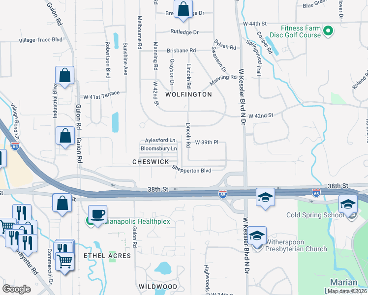 map of restaurants, bars, coffee shops, grocery stores, and more near 3923 Teddington Way in Indianapolis