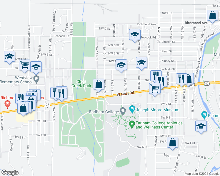 map of restaurants, bars, coffee shops, grocery stores, and more near 128 Southwest 9th Street in Richmond