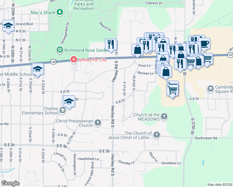 map of restaurants, bars, coffee shops, grocery stores, and more near 305 Henley Road South in Richmond