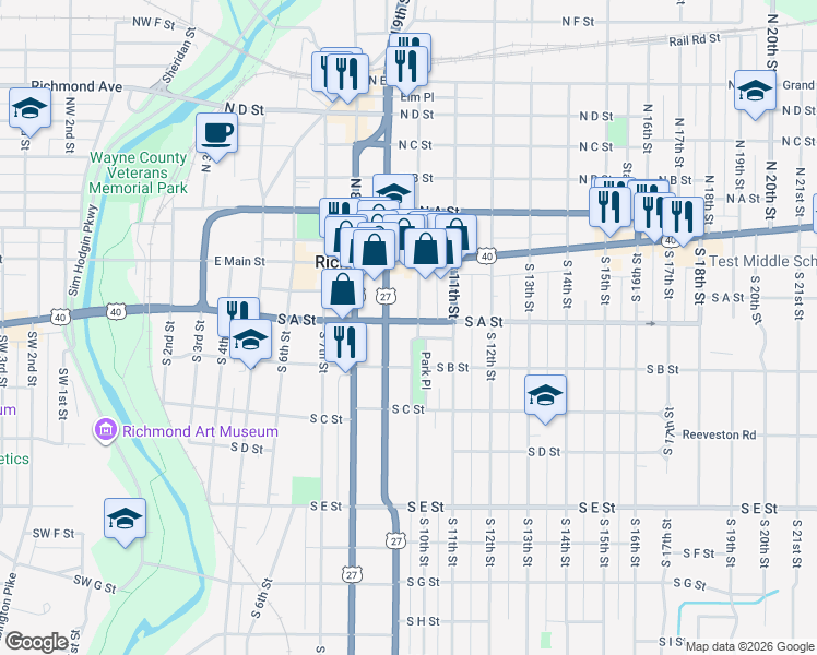 map of restaurants, bars, coffee shops, grocery stores, and more near 122 South 10th Street in Richmond