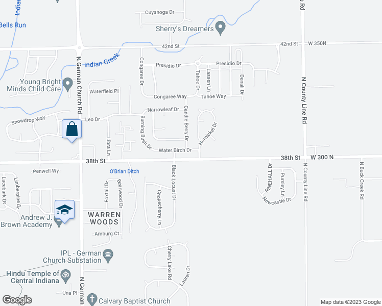 map of restaurants, bars, coffee shops, grocery stores, and more near 11451 Water Birch Drive in Indianapolis