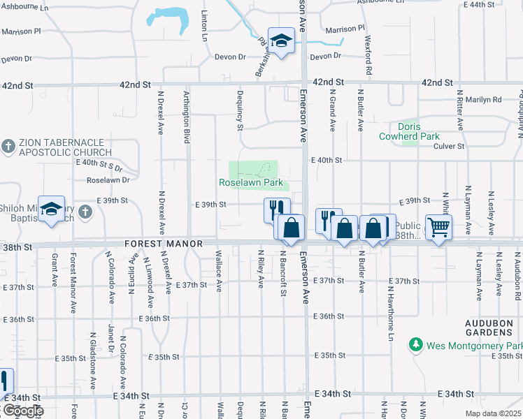 map of restaurants, bars, coffee shops, grocery stores, and more near 4939 East 39th Street in Indianapolis