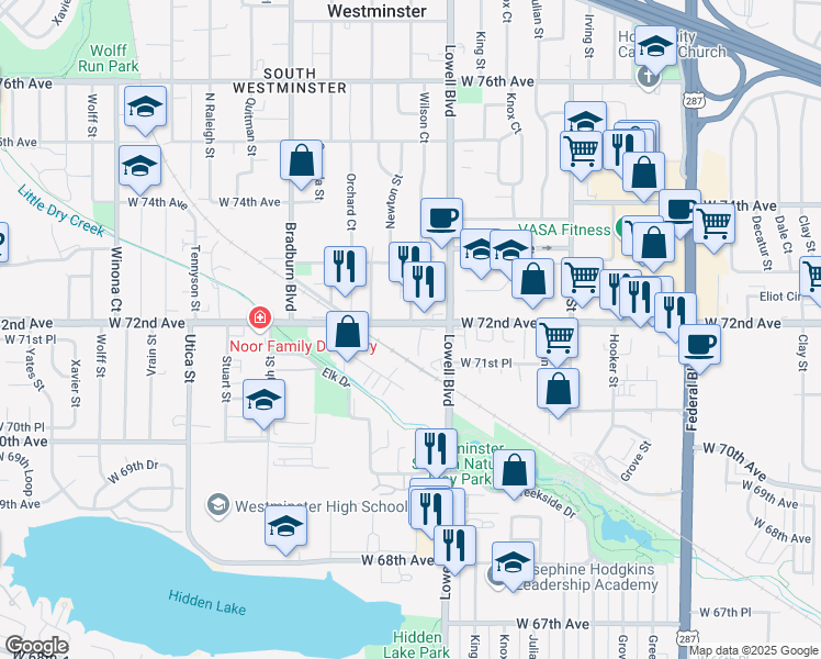 map of restaurants, bars, coffee shops, grocery stores, and more near 3698 West 72nd Avenue in Westminster
