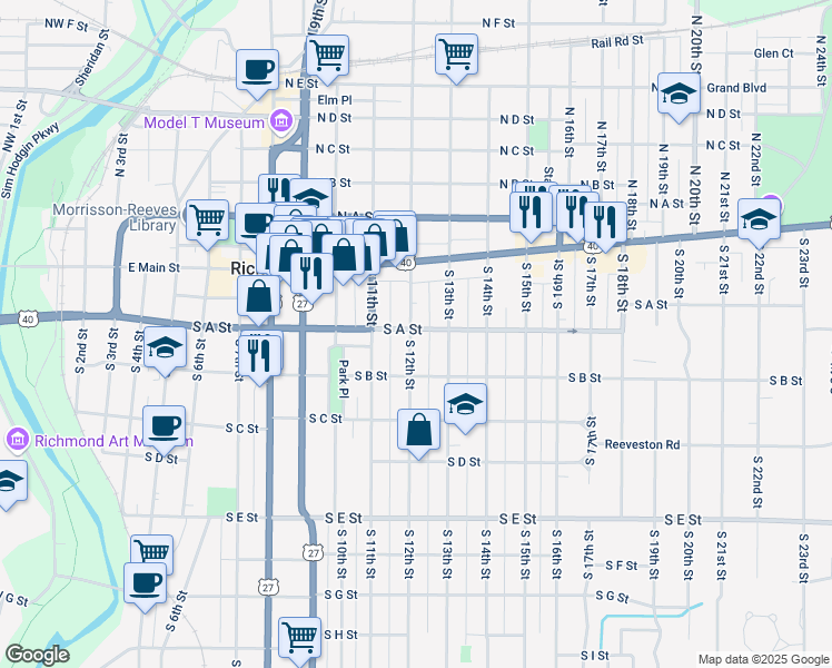 map of restaurants, bars, coffee shops, grocery stores, and more near 120 South 12th Street in Richmond