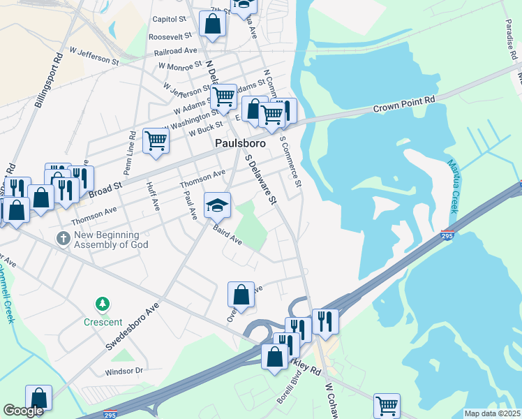 map of restaurants, bars, coffee shops, grocery stores, and more near 126 Gill Avenue in Paulsboro