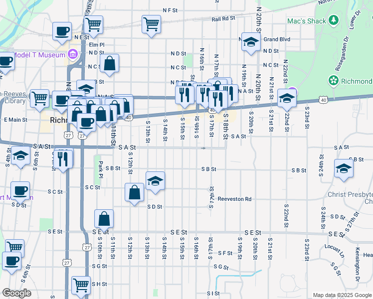 map of restaurants, bars, coffee shops, grocery stores, and more near 120 South 15th Street in Richmond