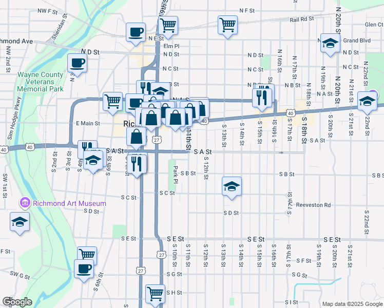 map of restaurants, bars, coffee shops, grocery stores, and more near 120 South 11th Street in Richmond