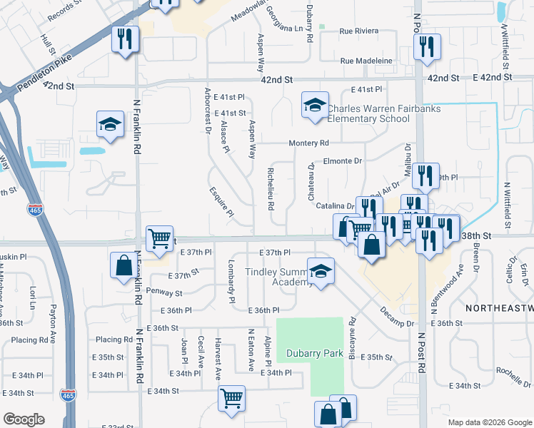 map of restaurants, bars, coffee shops, grocery stores, and more near 3830 Richelieu Road in Indianapolis