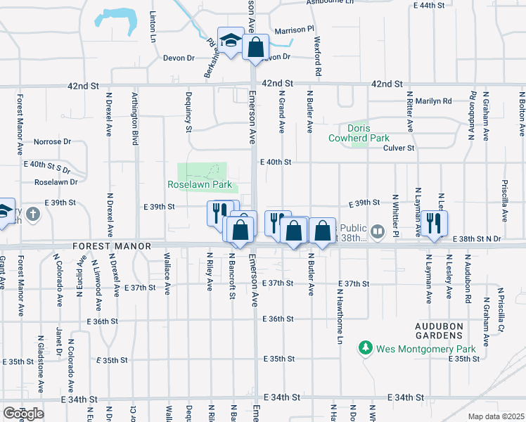 map of restaurants, bars, coffee shops, grocery stores, and more near 3817 North Emerson Avenue in Indianapolis