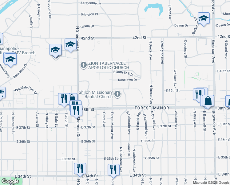 map of restaurants, bars, coffee shops, grocery stores, and more near 3801 Forest Manor Avenue in Indianapolis