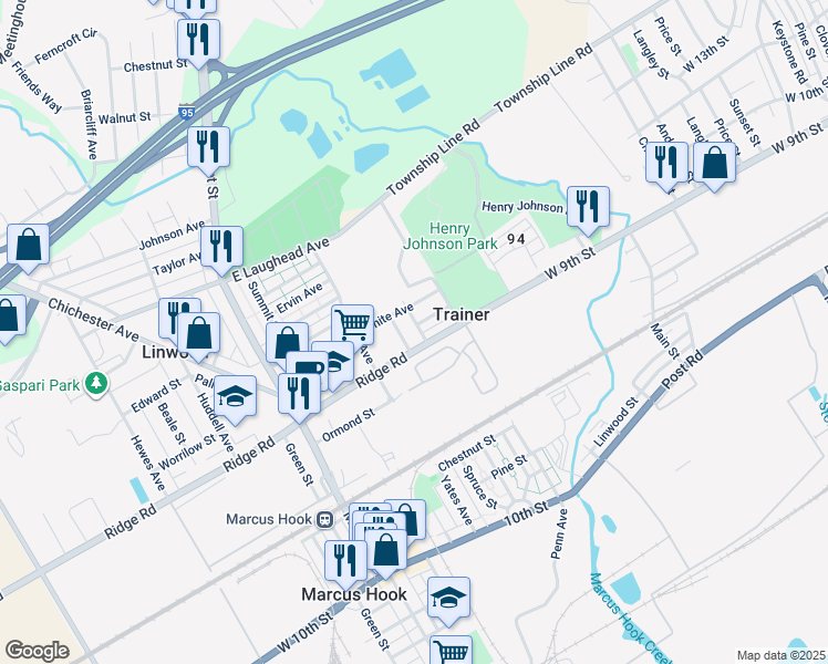map of restaurants, bars, coffee shops, grocery stores, and more near 1412 Cosgrove Street in Linwood