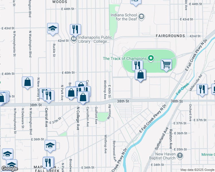 map of restaurants, bars, coffee shops, grocery stores, and more near 3851 Winthrop Avenue in Indianapolis