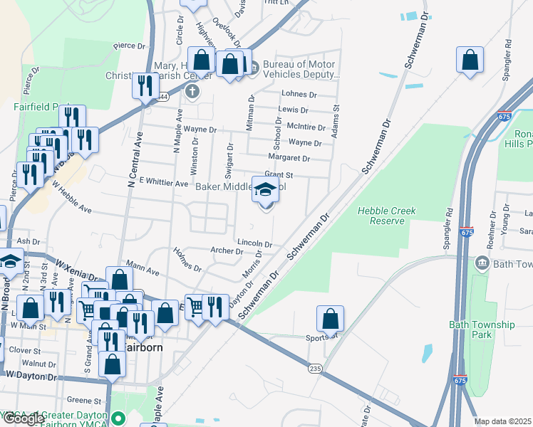 map of restaurants, bars, coffee shops, grocery stores, and more near 200 Lincoln Drive in Fairborn