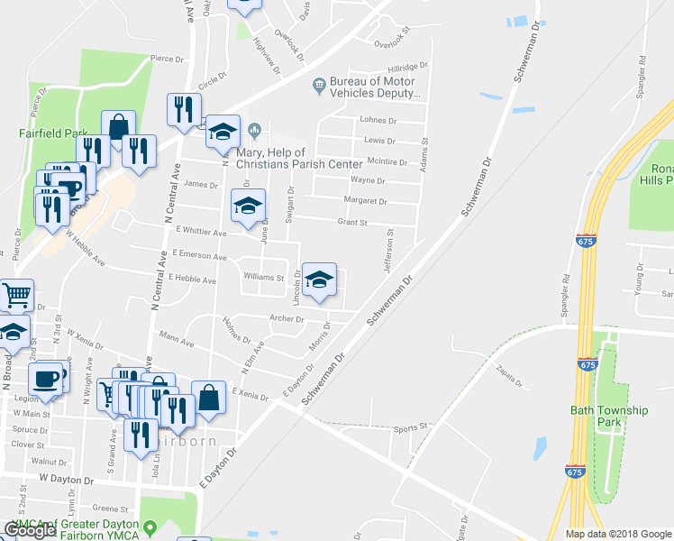 map of restaurants, bars, coffee shops, grocery stores, and more near 200 Lincoln Drive in Fairborn