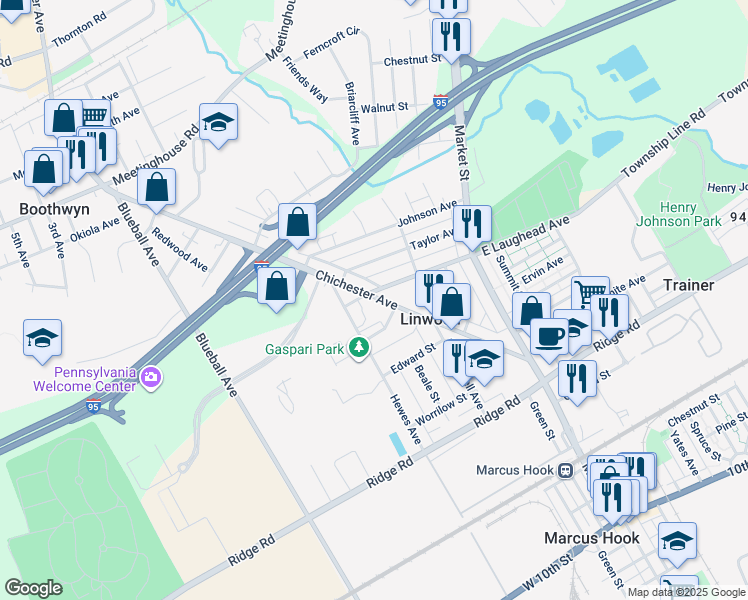 map of restaurants, bars, coffee shops, grocery stores, and more near 1664 Chichester Avenue in Marcus Hook