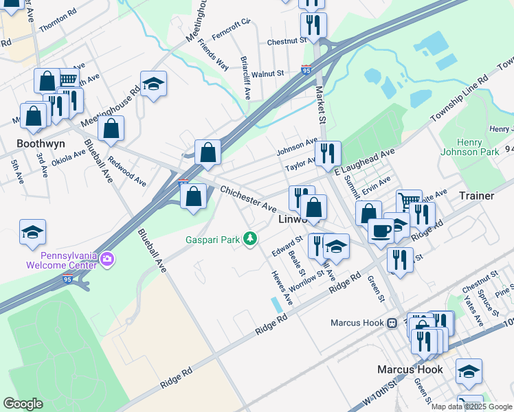 map of restaurants, bars, coffee shops, grocery stores, and more near 1670 Chichester Avenue in Linwood