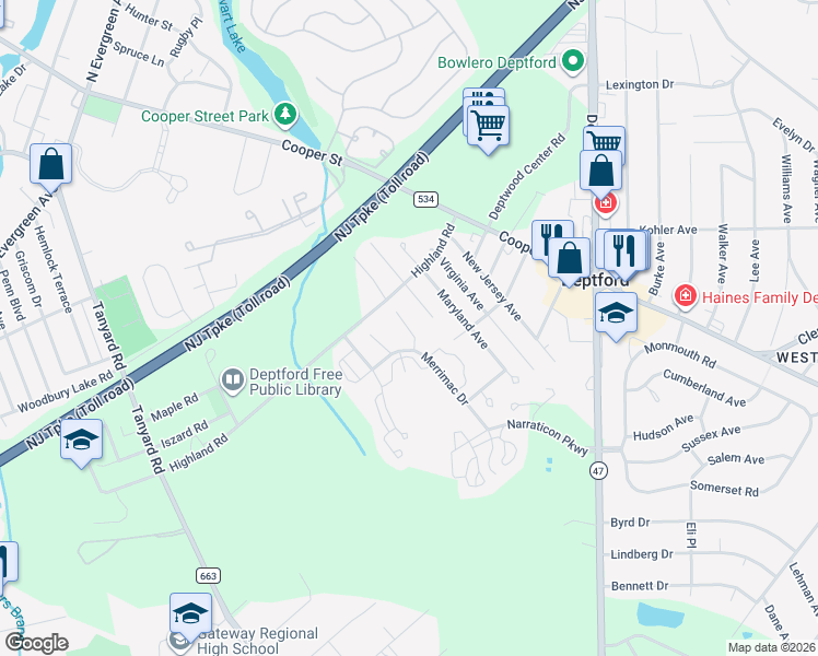 map of restaurants, bars, coffee shops, grocery stores, and more near 132 Hemlock Court in Deptford