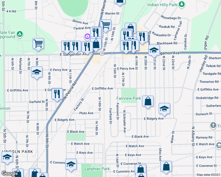 map of restaurants, bars, coffee shops, grocery stores, and more near 1999 Fairfield Dr in Springfield