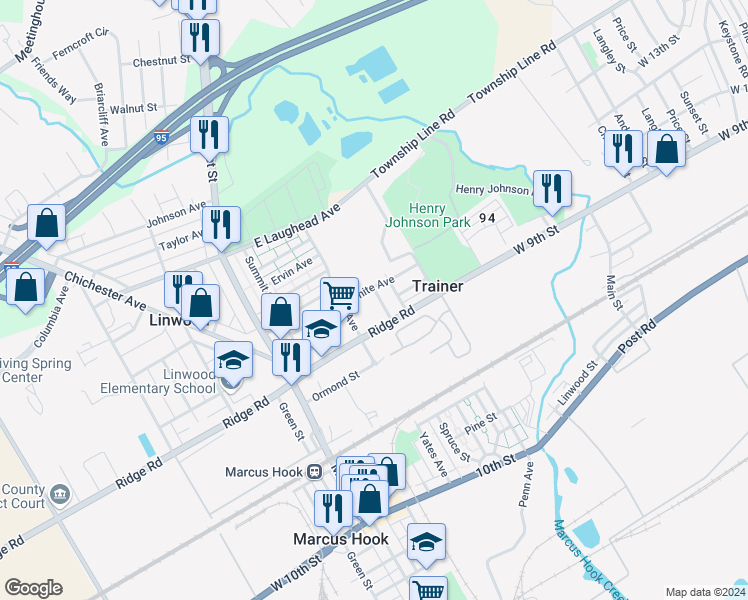 map of restaurants, bars, coffee shops, grocery stores, and more near 1426 Simpson Street in Marcus Hook
