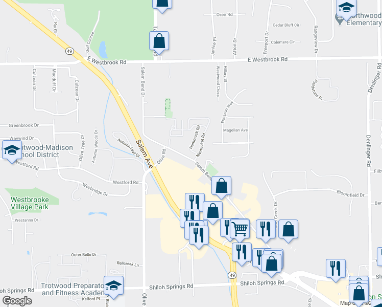 map of restaurants, bars, coffee shops, grocery stores, and more near 5531 Hummock Road in Dayton
