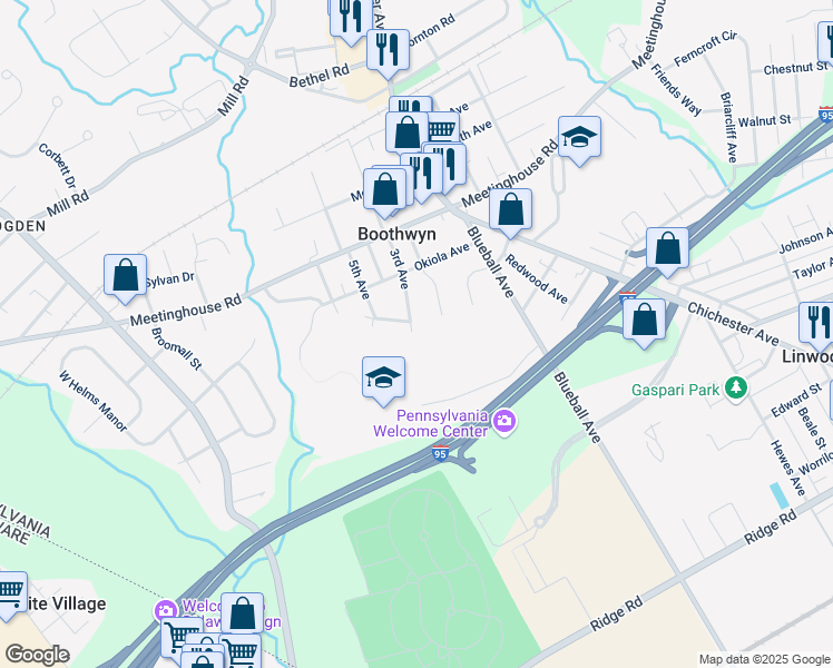map of restaurants, bars, coffee shops, grocery stores, and more near 2247 3rd Avenue in Boothwyn