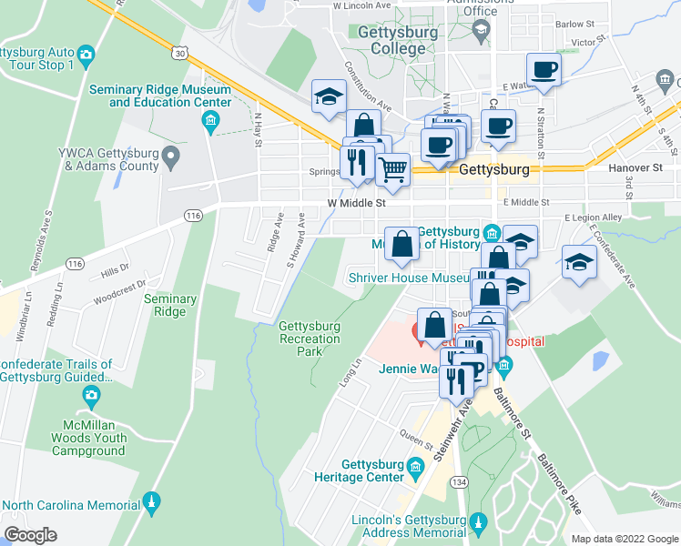 map of restaurants, bars, coffee shops, grocery stores, and more near 375 Village Drive in Gettysburg
