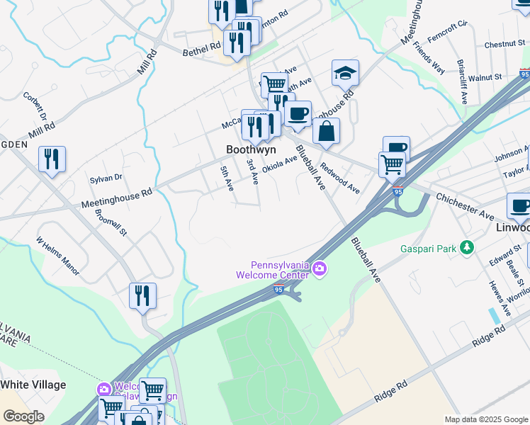 map of restaurants, bars, coffee shops, grocery stores, and more near 2247 3rd Avenue in Boothwyn