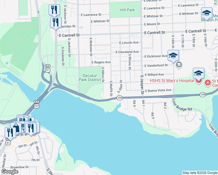 map of restaurants, bars, coffee shops, grocery stores, and more near 1300-1398 South Hilton Street in Decatur
