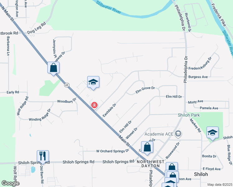 map of restaurants, bars, coffee shops, grocery stores, and more near 115 Eastdale Drive in Dayton