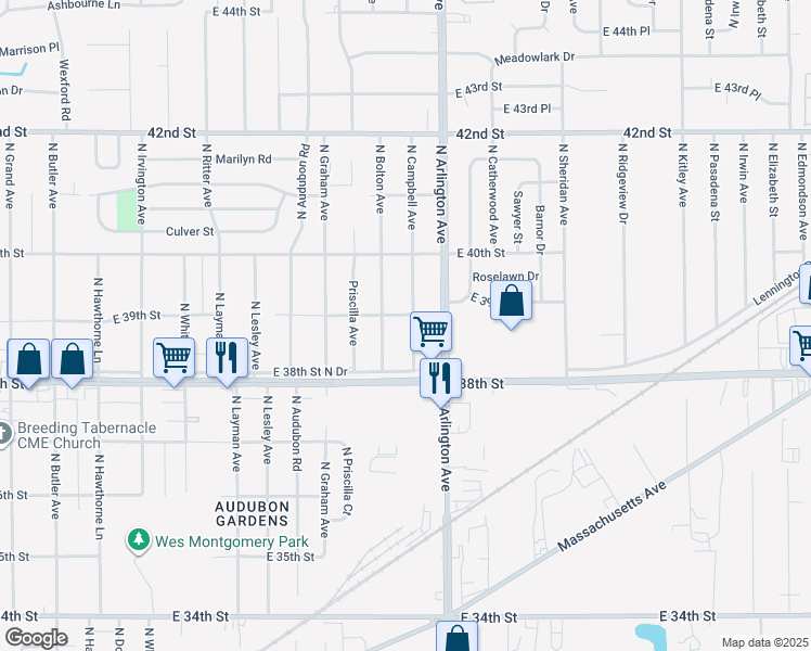 map of restaurants, bars, coffee shops, grocery stores, and more near 3821 North Bolton Avenue in Indianapolis