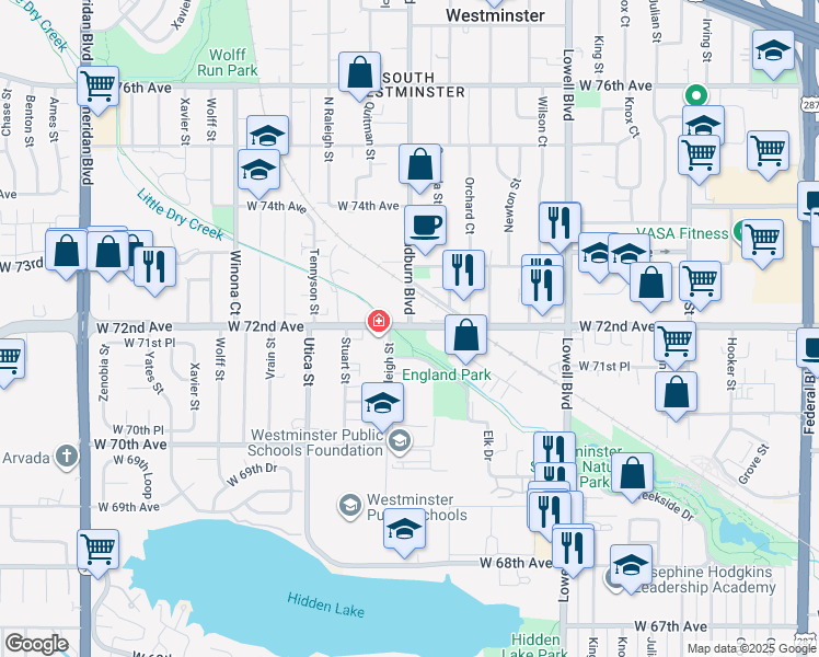 map of restaurants, bars, coffee shops, grocery stores, and more near 7186 North Elk Drive in Westminster