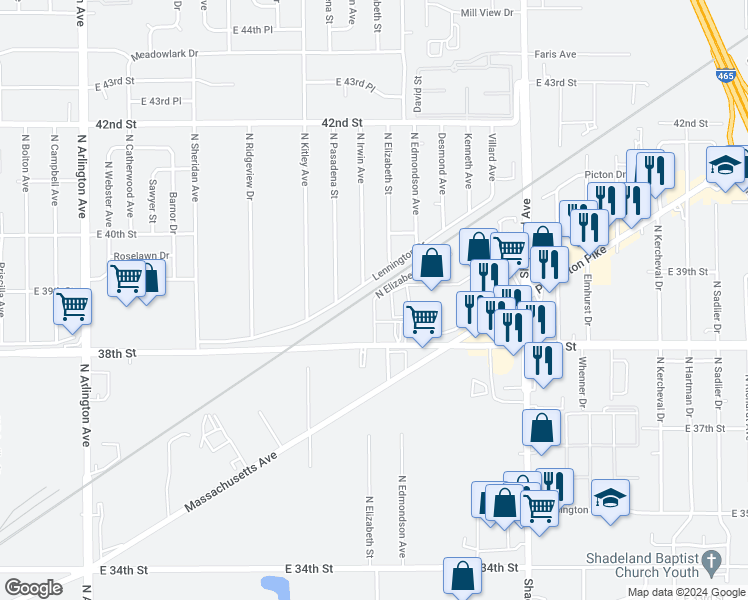 map of restaurants, bars, coffee shops, grocery stores, and more near 4328 East Elizabeth Street in Indianapolis