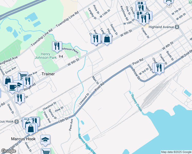map of restaurants, bars, coffee shops, grocery stores, and more near 4123 Pennsylvania Street in Trainer