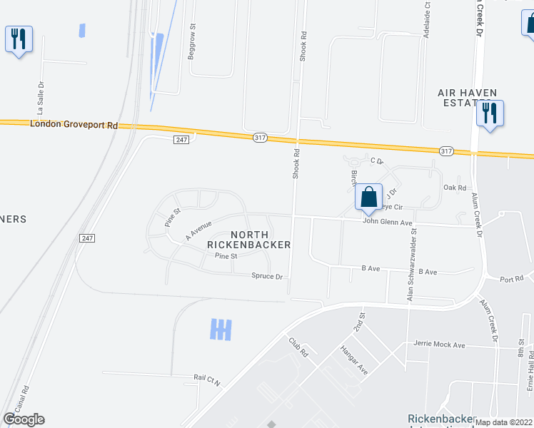 map of restaurants, bars, coffee shops, grocery stores, and more near A Avenue & Pine Street in Columbus