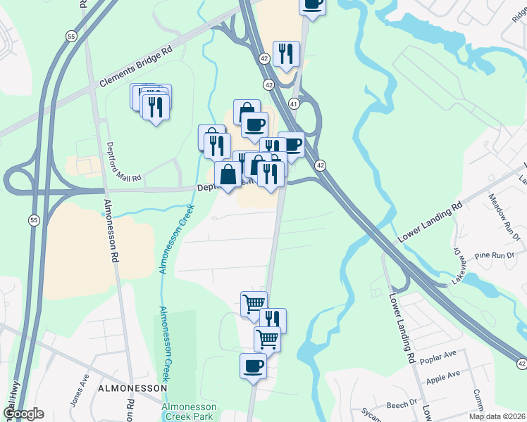map of restaurants, bars, coffee shops, grocery stores, and more near 1901 Deptford Center Road in Deptford