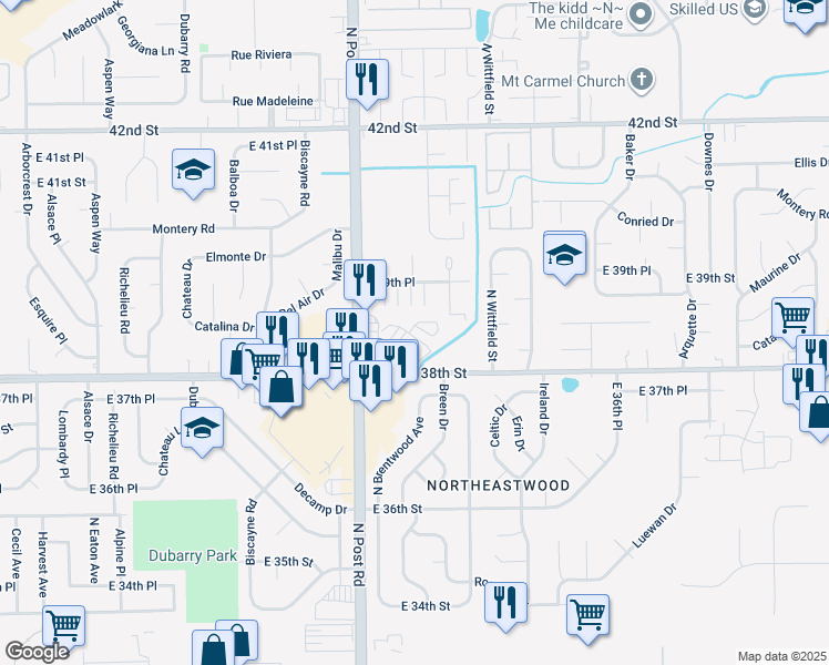 map of restaurants, bars, coffee shops, grocery stores, and more near 9065 East 38th Place in Indianapolis